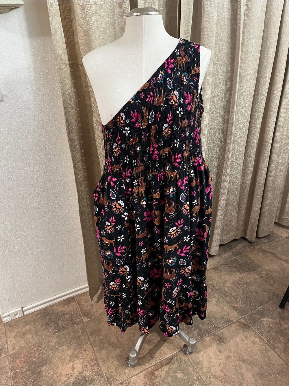 torrid Black One-Shoulder Floral & Animal Print Midi Dress